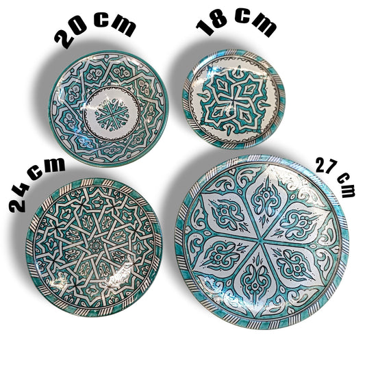Green hand painted Moroccan fez pottery plates dishwasher and microwave safe