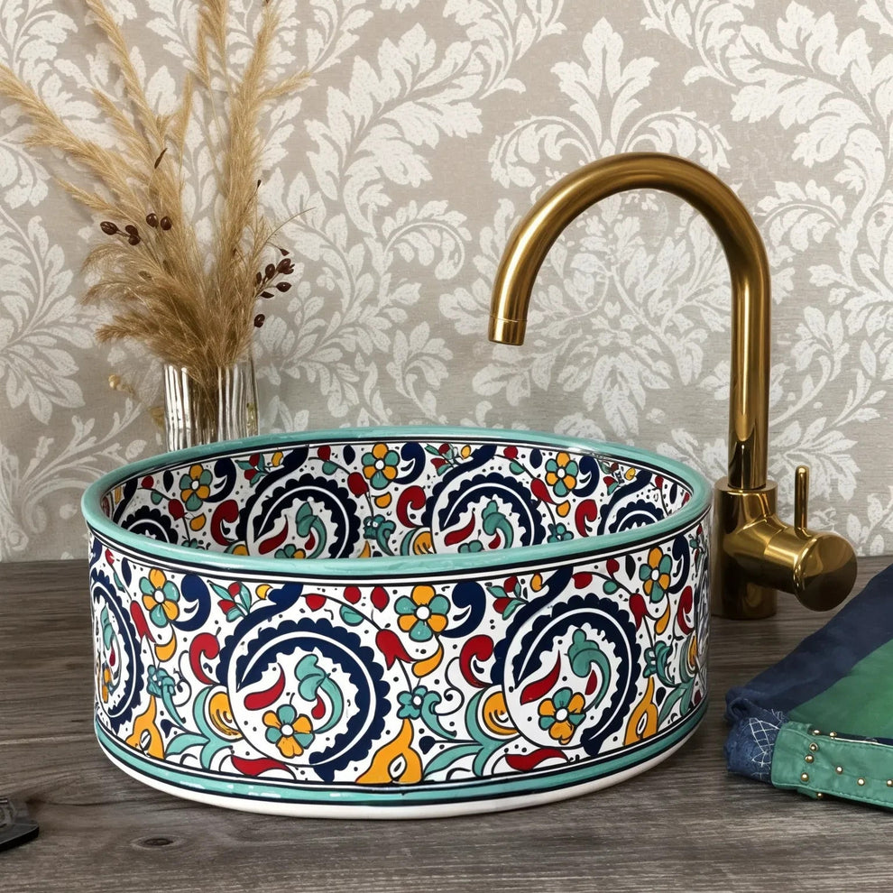 Handcrafted Moroccan Fassi Clay Sink – Fassi Rose Pattern – 4 Sizes – Includes Brass Drain Cover & Free Soap Dish Gift