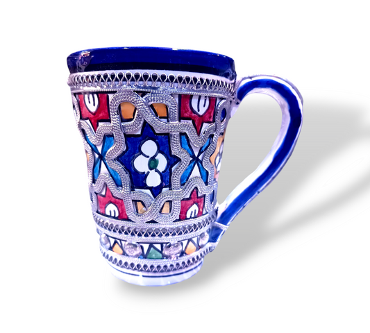 Handmade Moroccan Mug – Cobalt Blue Fez Design with Silver & Nickel Inlay