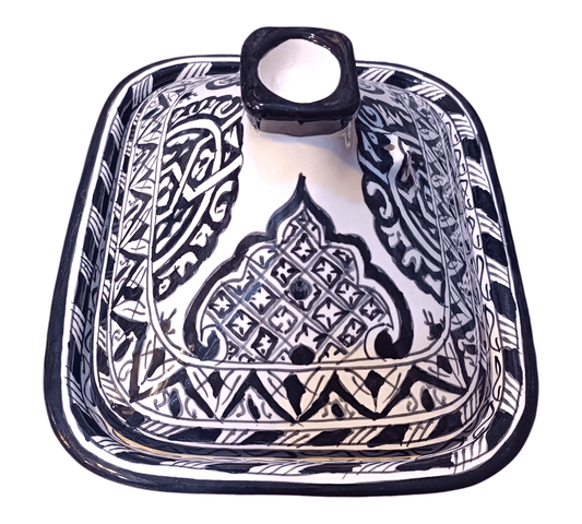 Square Moroccan Tagine – Black & White Ceramic Cooking Pot – 24x29 cm