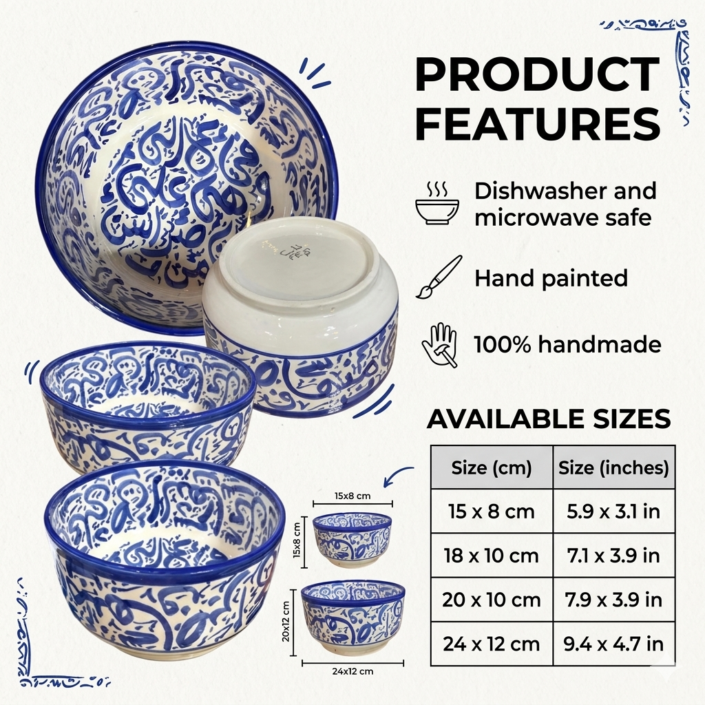 Handcrafted Moroccan Arabic Calligraphy Bowls – Decorative & Functional Ceramic Serving Bowl