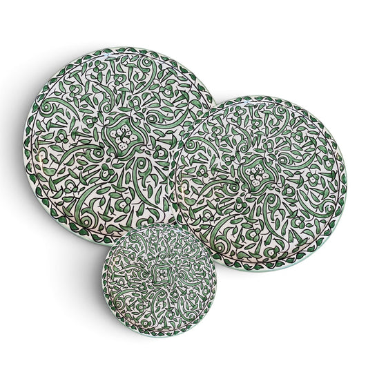 Green Hand-Painted Moroccan Fes Pottery Plates & Bowl – Floral Ceramic Dinnerware