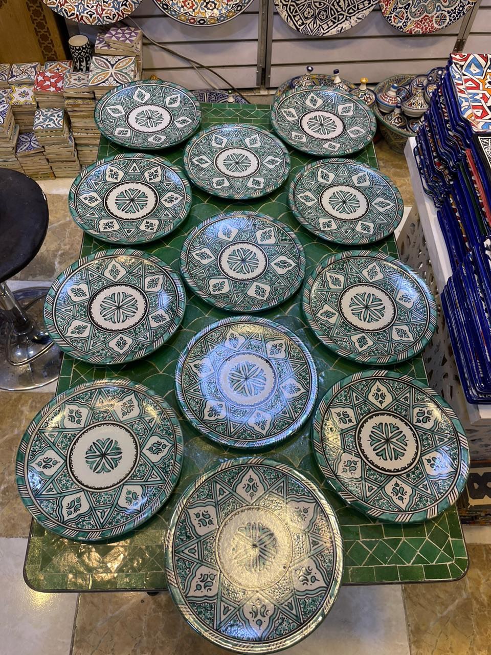 Green hand painted Moroccan fez pottery plates dishwasher and microwave safe