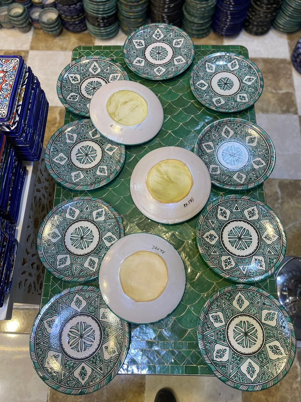 Green hand painted Moroccan fez pottery plates dishwasher and microwave safe