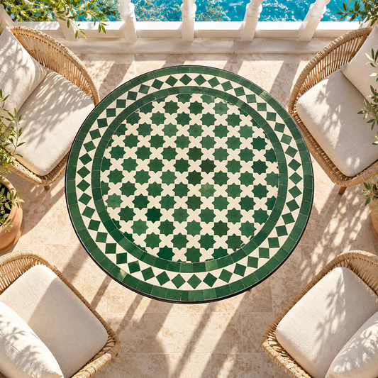 Handmade Moroccan Green Mosaic Table – Round Zellige Patio & Garden Table