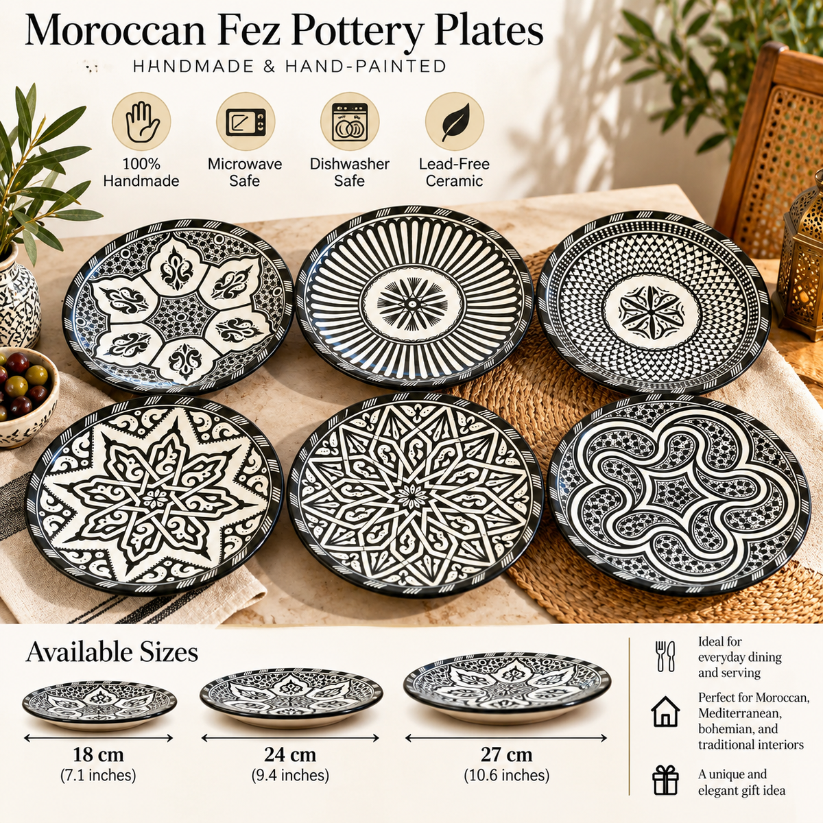 Black Moroccan fez pottery plates dishwasher and microwave safe