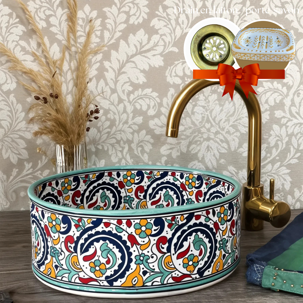Handcrafted Moroccan Fassi Clay Sink – Fassi Rose Pattern – 4 Sizes – Includes Brass Drain Cover & Free Soap Dish Gift
