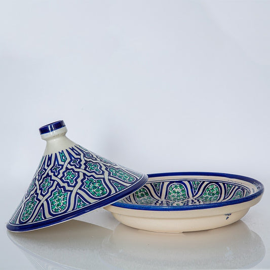 Hand-Painted Moroccan Tagine – 30cm Wide – White Clay – Dishwasher & Microwave Safe
