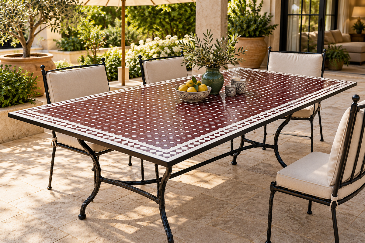 Handmade Moroccan Mosaic Dining Table – Burgundy & White Fassi Zellige
