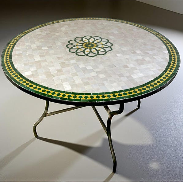mosaic table from Moroccan fez pottery green and white design