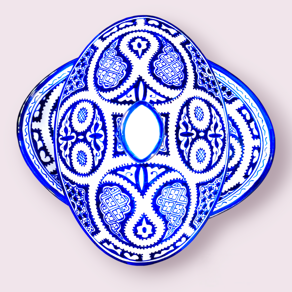 Moroccan Blue & White Ceramic Tagine – Handmade Fez Pottery Serving Dish | 32 cm