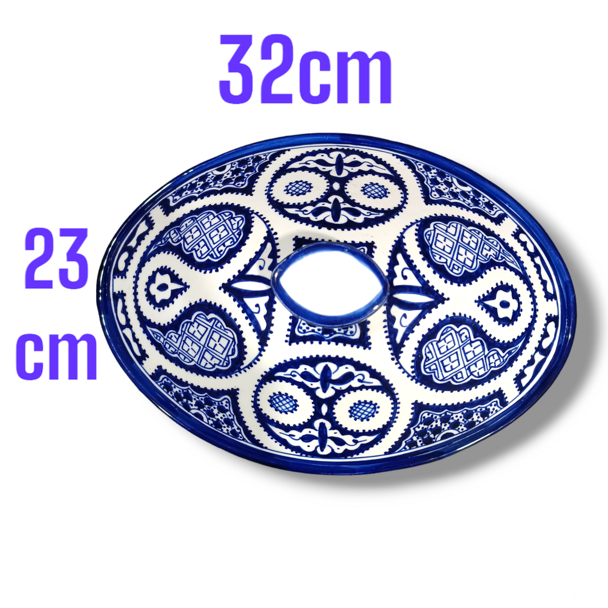 Moroccan Blue & White Ceramic Tagine – Handmade Fez Pottery Serving Dish | 32 cm
