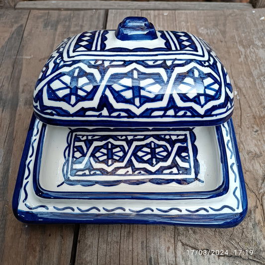 Moroccan Butter & Cheese Dish – White Clay Art from Fez - Hand-Painted