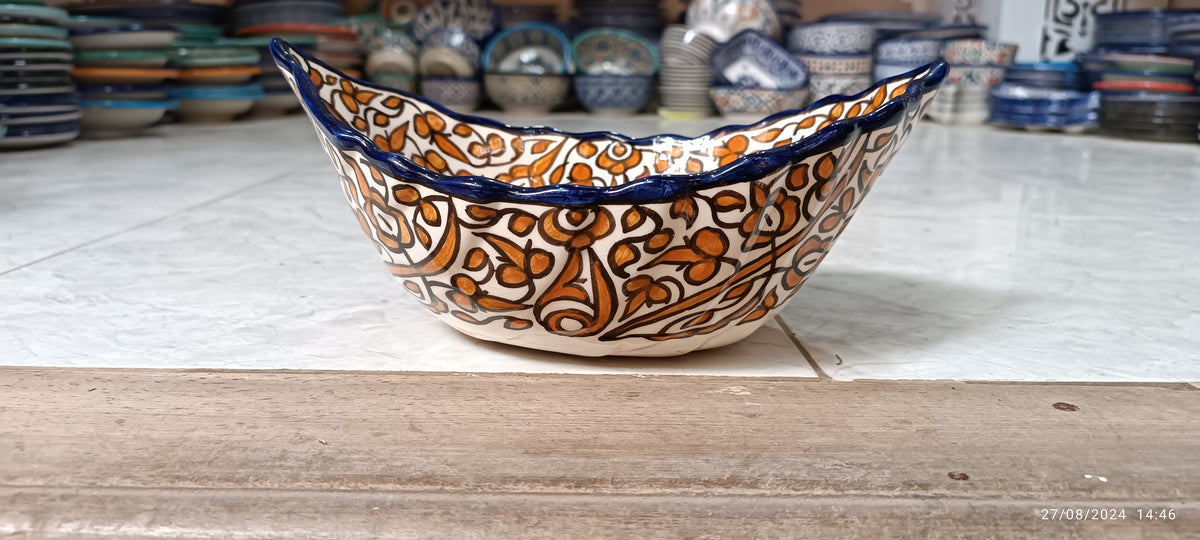 Handmade Moroccan Fes Ceramic Serving Bowl – Brown Floral Design