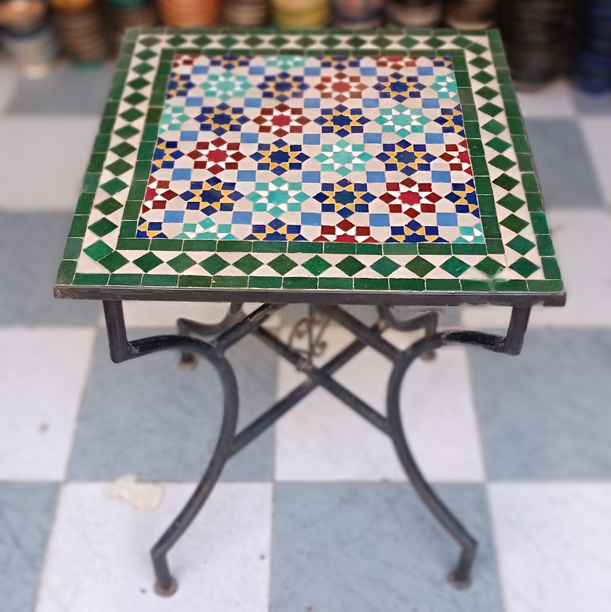 Handmade Moroccan Zellige Mosaic Table – Traditional Fes Ceramic Tile Table