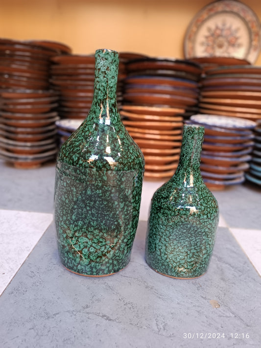 Handmade Bottle-Shaped Pottery Vase – Elegant Green Glaze