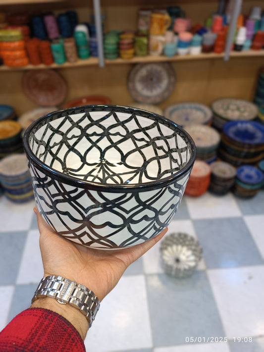 salad bowl from Fez - Moroccan pottery White and black ceramic