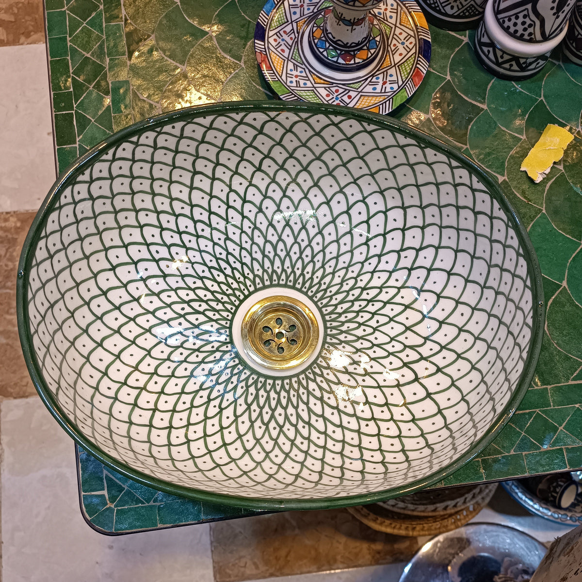Moroccan Ceramic Vessel Sink – Green & Black & Gray Fish Scale Design