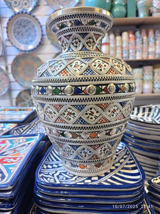Handcrafted White Clay Vase Inlaid with Nickel & Silver – Traditional Moroccan Elegance