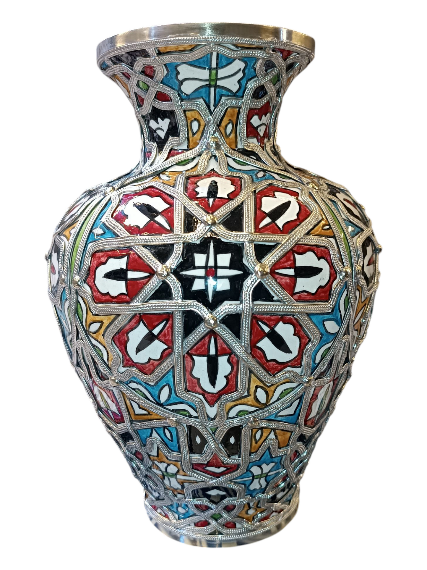 Handcrafted White Clay Vase Inlaid with Nickel & Silver – Traditional Moroccan Elegance