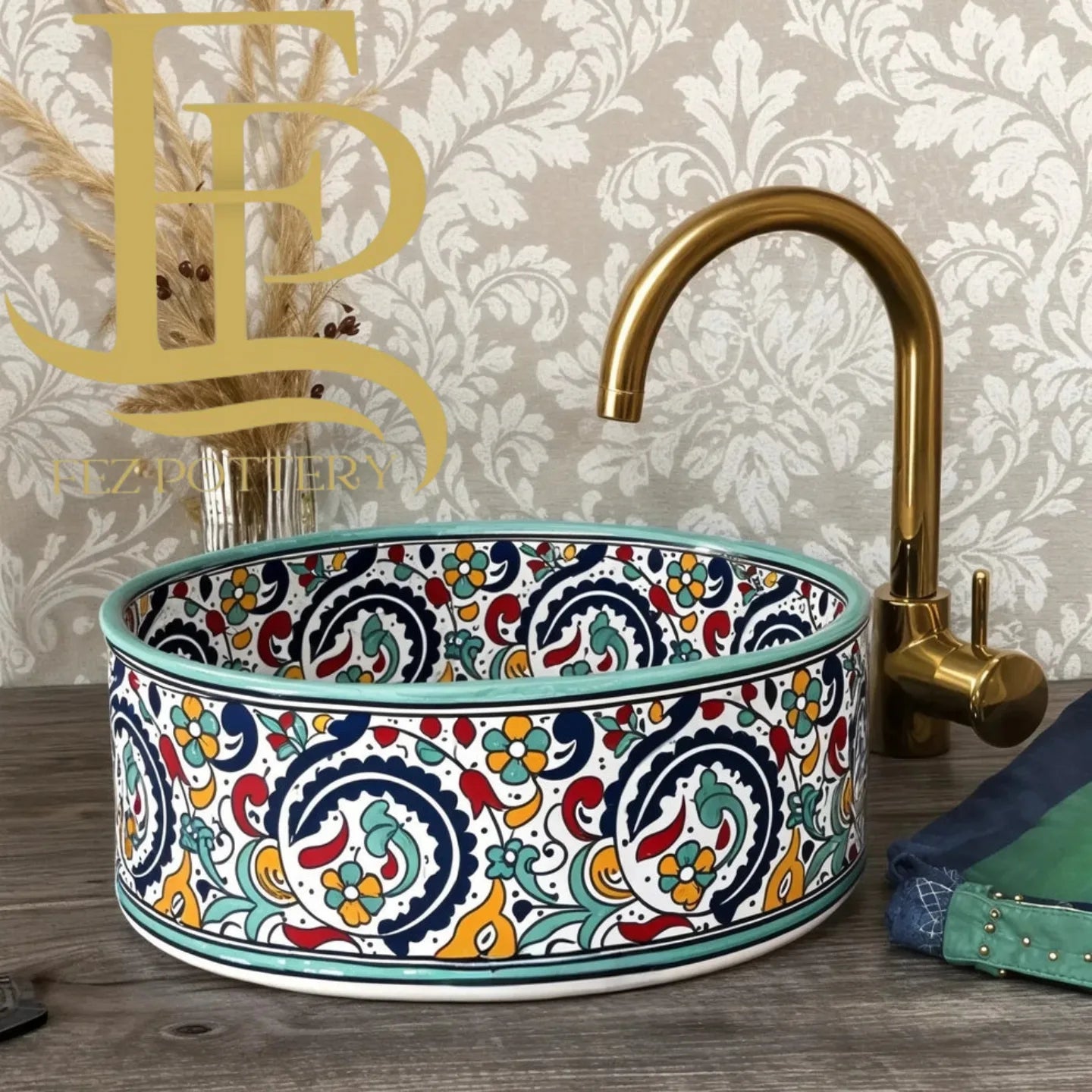 Handcrafted Moroccan Fassi Clay Sink – Fassi Rose Pattern – 4 Sizes – Includes Brass Drain Cover & Free Soap Dish Gift