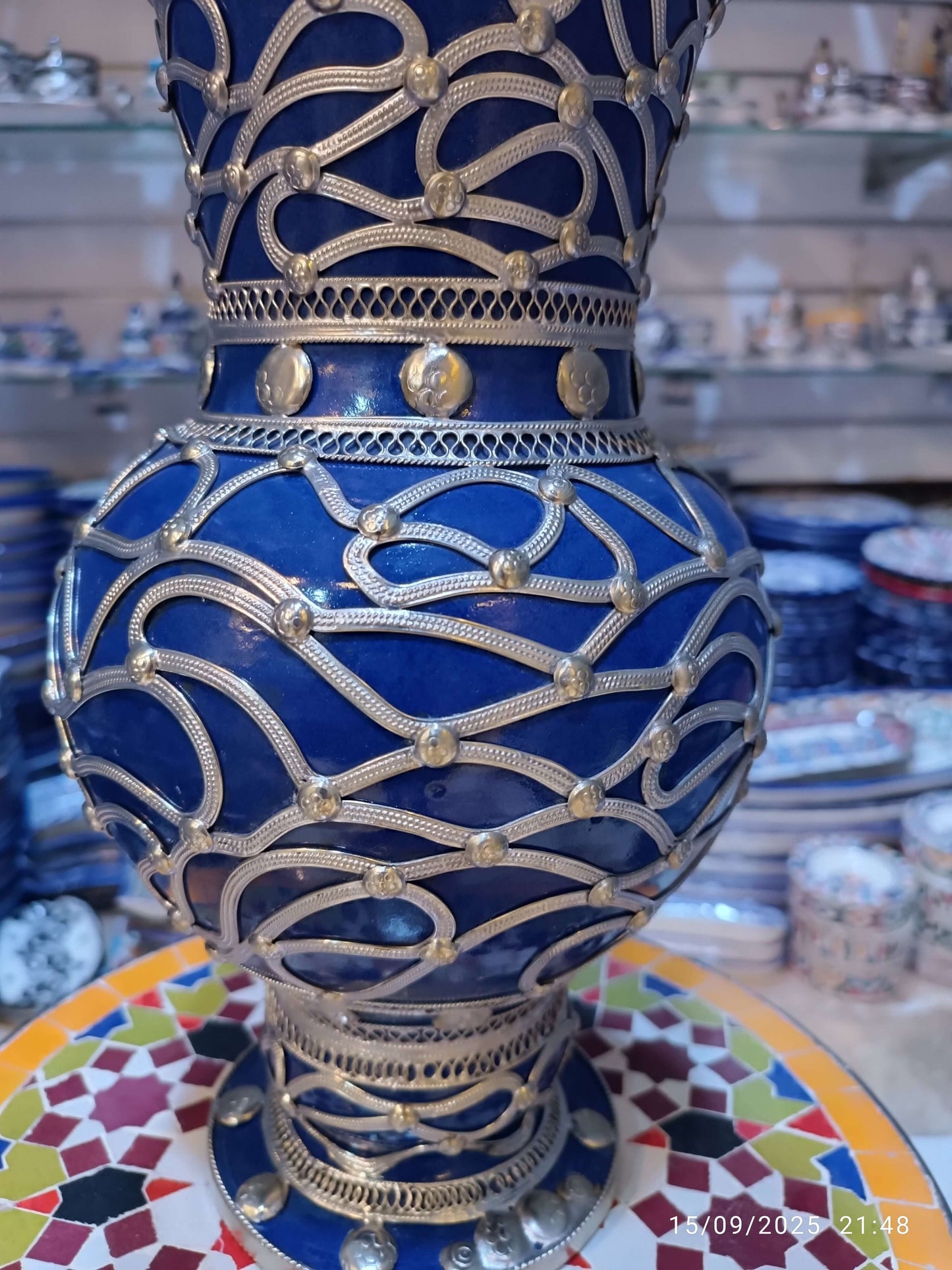 Flower Vase – Handcrafted Blue Clay with Nickel Inlay – 32cm