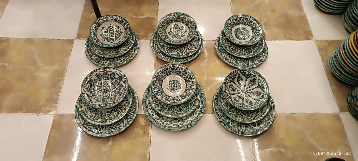 Green hand painted Moroccan fez pottery plates dishwasher and microwave safe