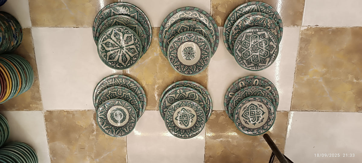 Green hand painted Moroccan fez pottery plates dishwasher and microwave safe