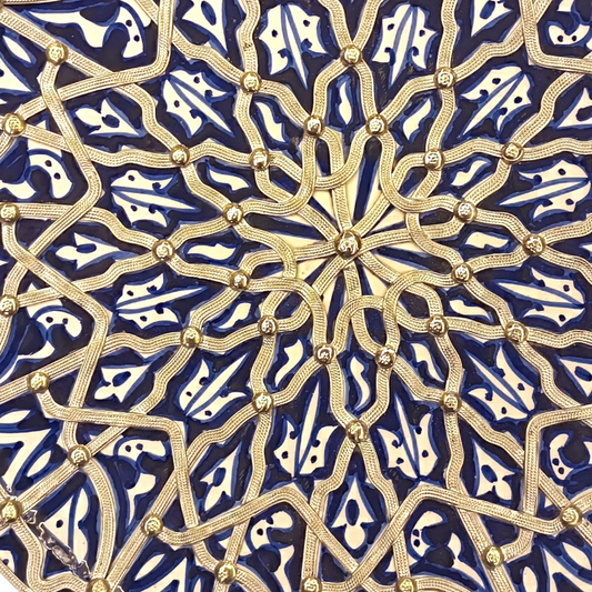 Handcrafted Moroccan Fes Pottery Plate with Nickel Inlay – Blue Ceramic Wall Decor from Fez