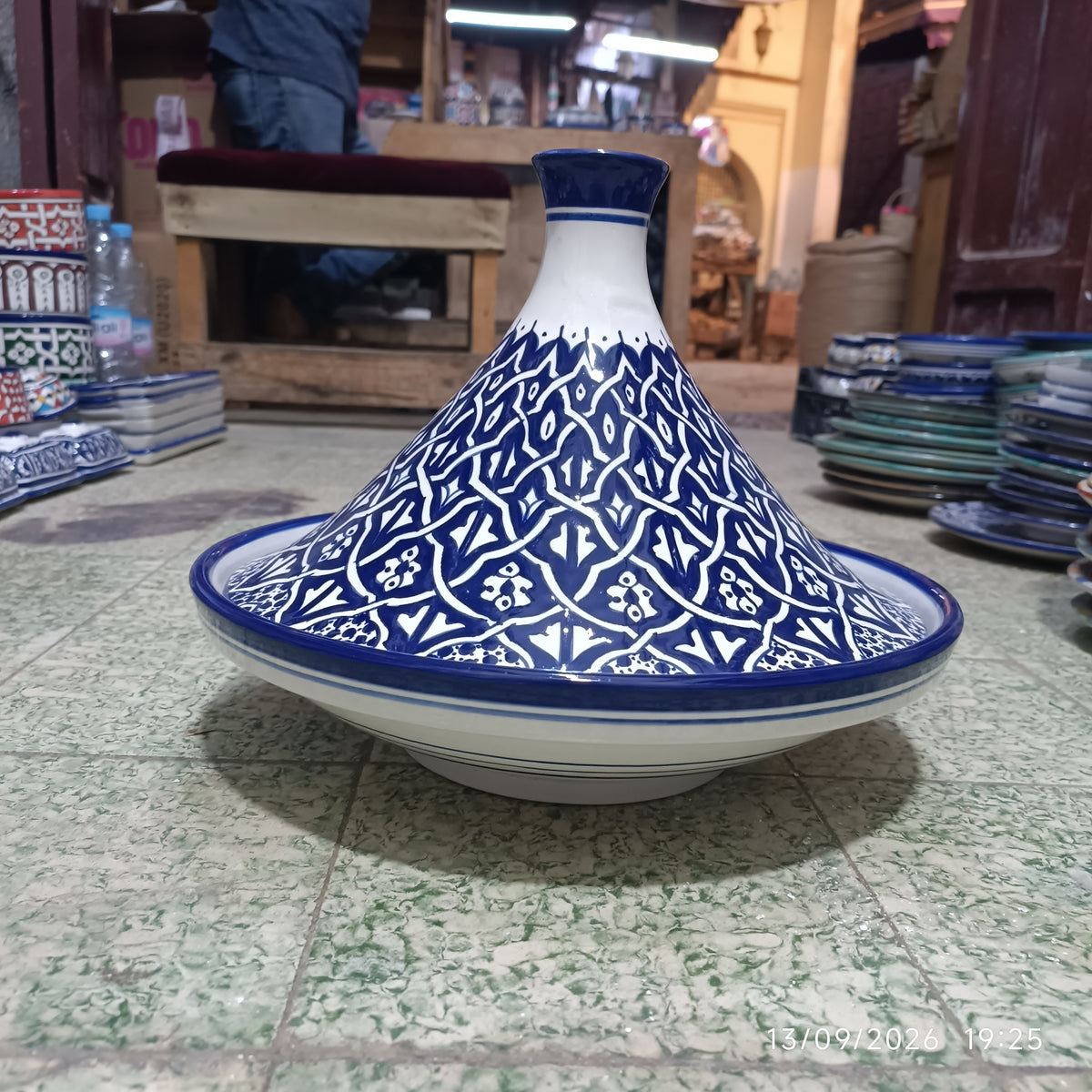 Handmade Moroccan Fes Tagine – Blue & White Hand-Painted Ceramic Serving Tagine