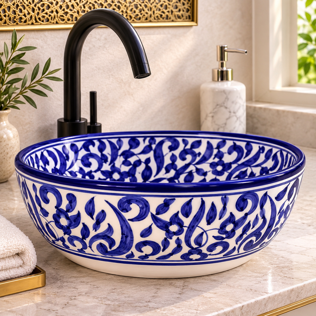 Hand-Painted Moroccan Ceramic Bathroom Sink – Blue & White