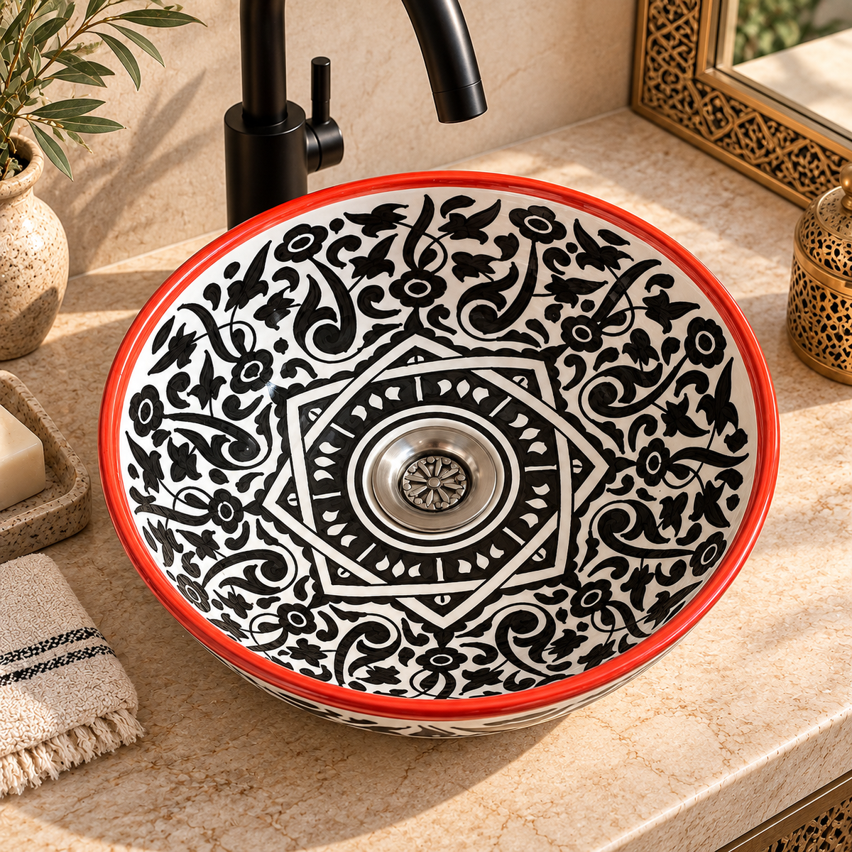 Hand-Painted Moroccan Ceramic Sink – Black & White Floral Design with Red Rim
