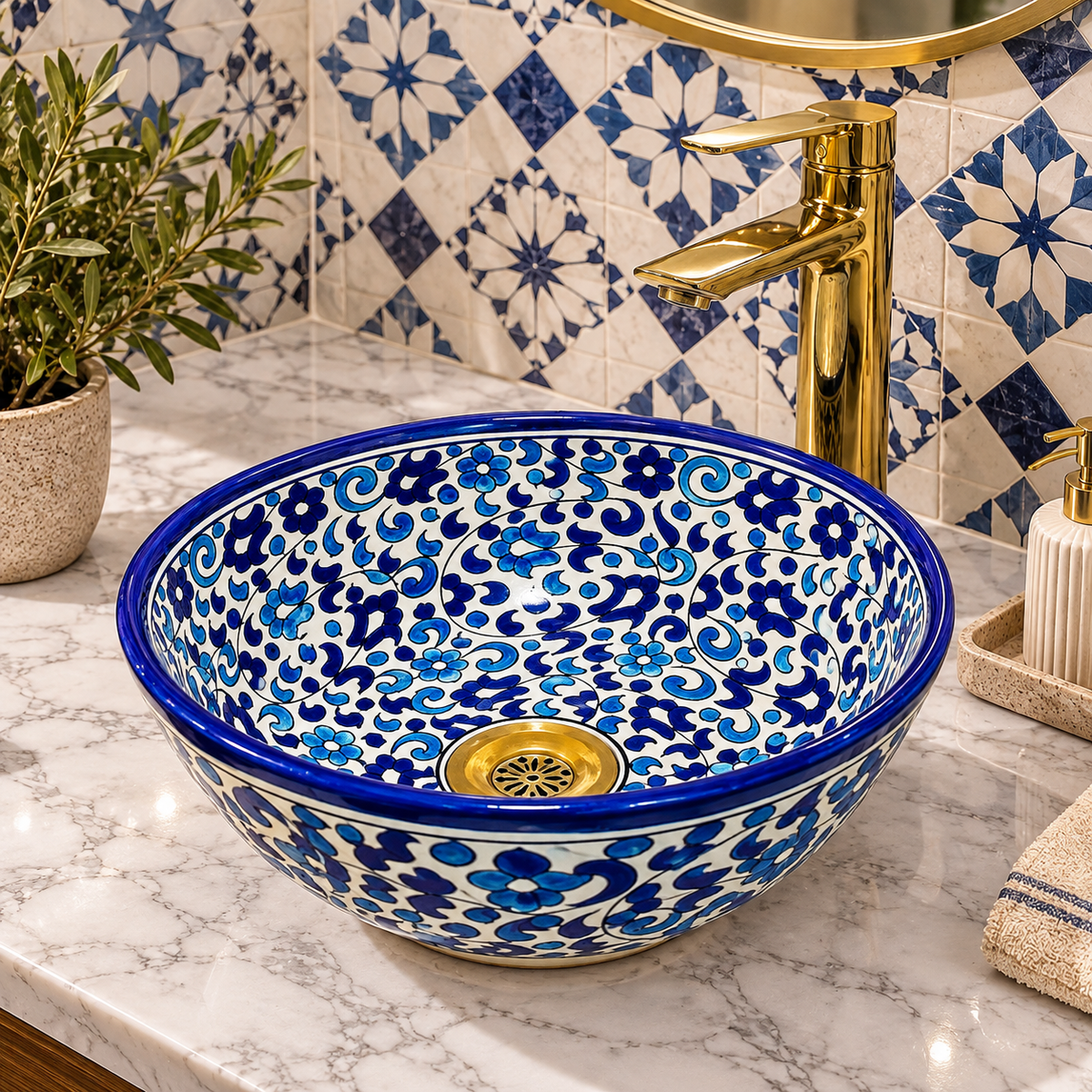 Hand-Painted Moroccan Ceramic Bathroom Sink – Blue & White Floral Vessel Basin