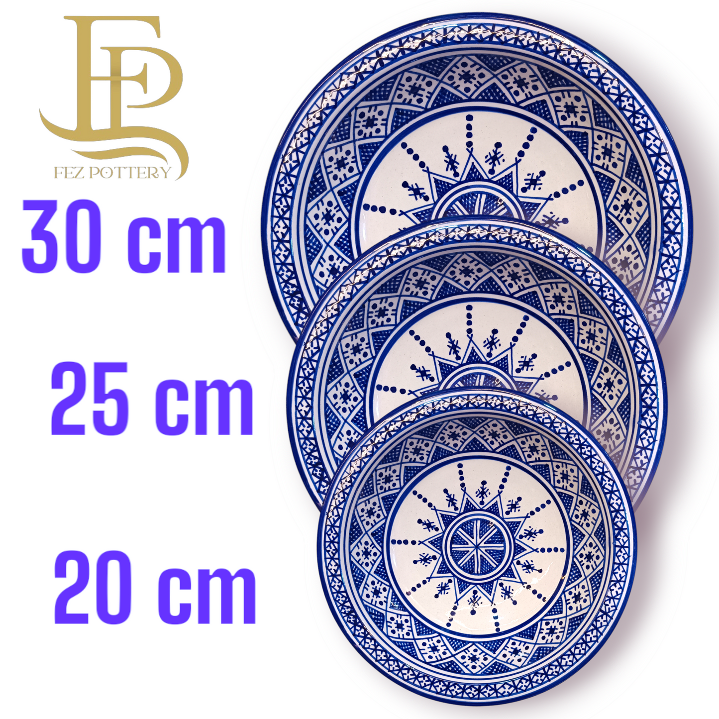 Serving plates made of white clay, hand-painted and hand-decorated.
