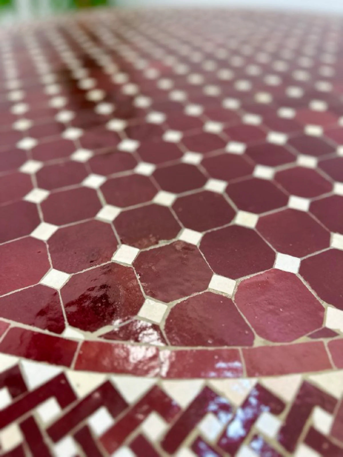 Handmade Moroccan Mosaic Table – Burgundy Red & White Zellige Table