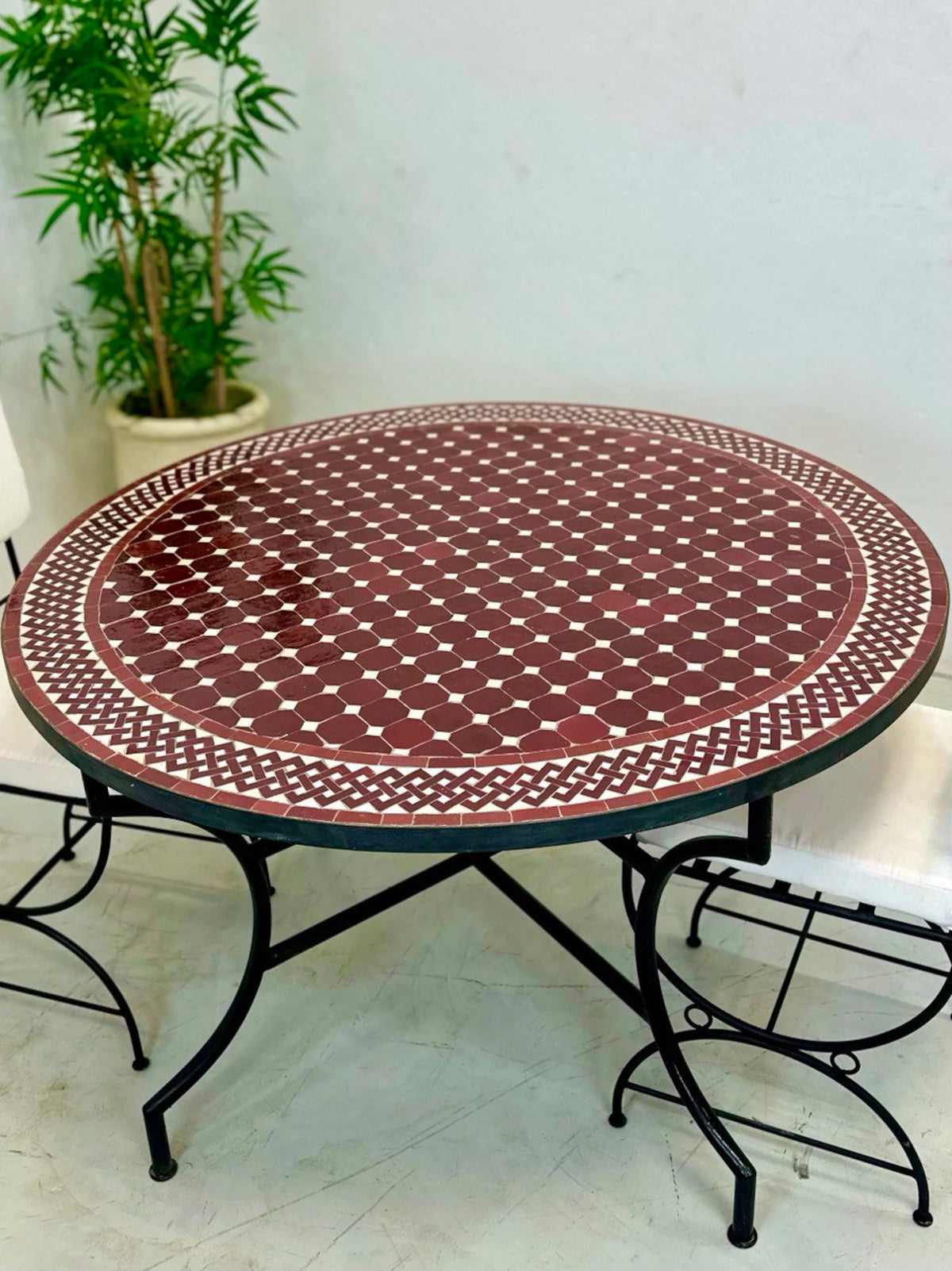 Handmade Moroccan Mosaic Table – Burgundy Red & White Zellige Table