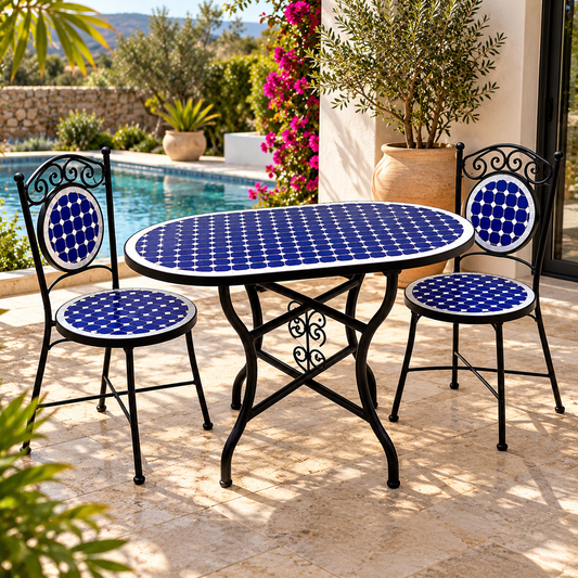Handmade Moroccan oval Mosaic Table – Blue & White Zellige Patio Table