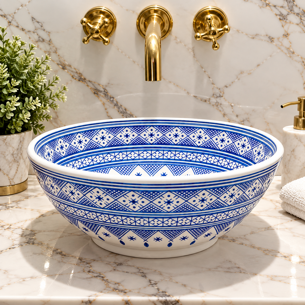 Handmade Moroccan Ceramic Vessel Sink – Traditional Fes Pottery Bathroom Vanity Sink