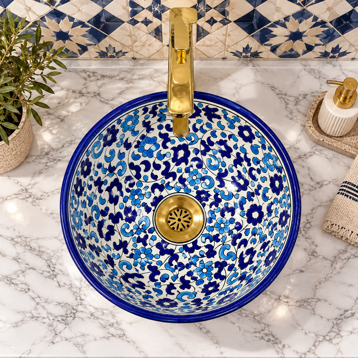 Hand-Painted Moroccan Ceramic Bathroom Sink – Blue & White Floral Vessel Basin