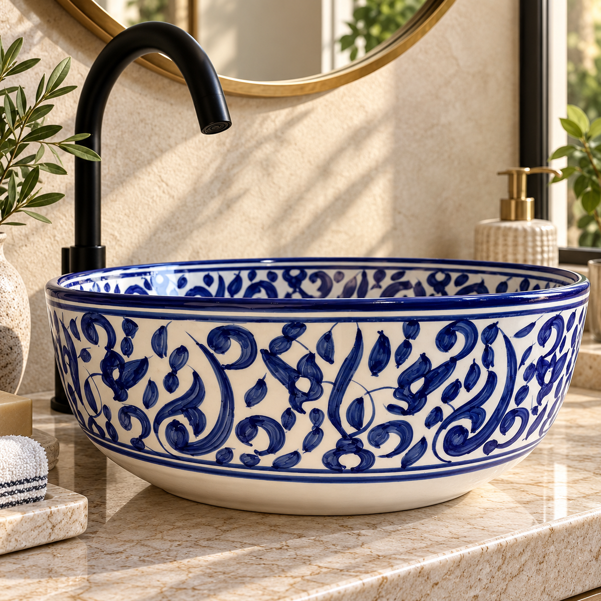 Hand-Painted Moroccan Ceramic Bathroom Sink – Blue & White