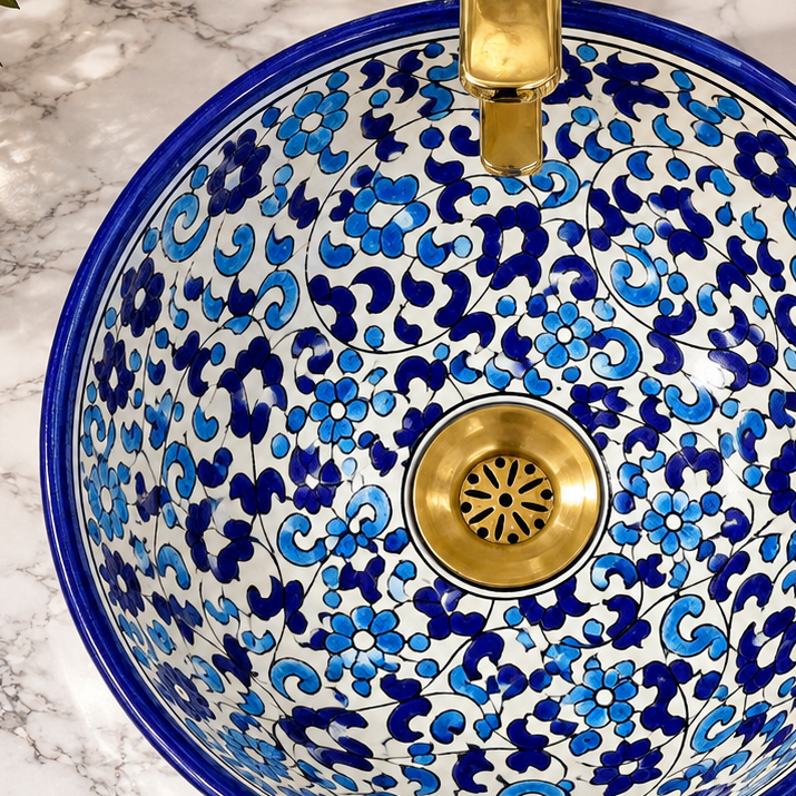 Hand-Painted Moroccan Ceramic Bathroom Sink – Blue & White Floral Vessel Basin