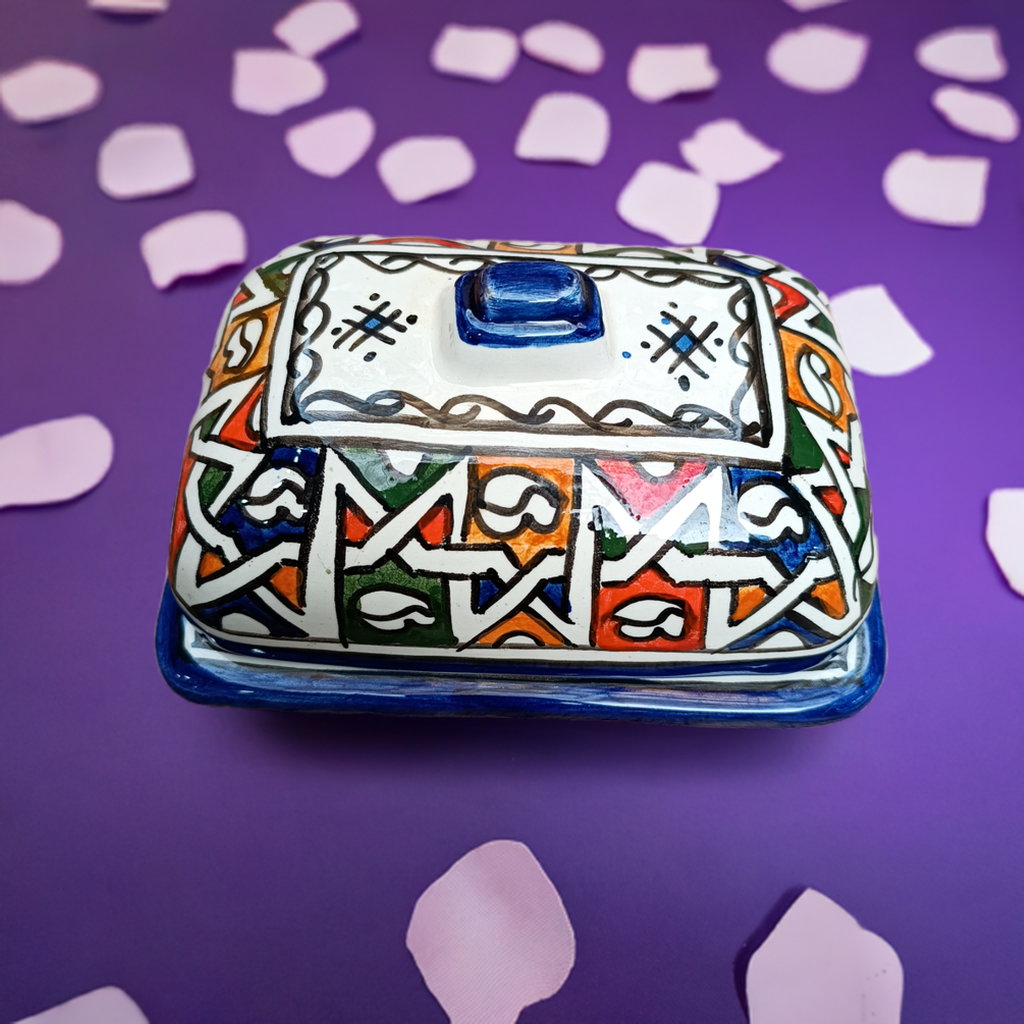 Moroccan Butter & Cheese Dish – White Clay Art from Fez - Hand-Painted
