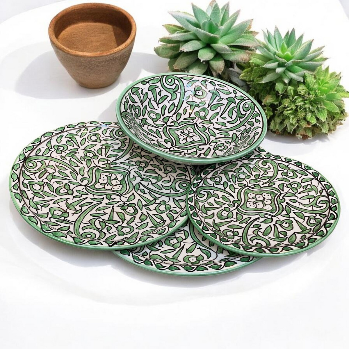 Green Hand-Painted Moroccan Fes Pottery Plates & Bowl – Floral Ceramic Dinnerware