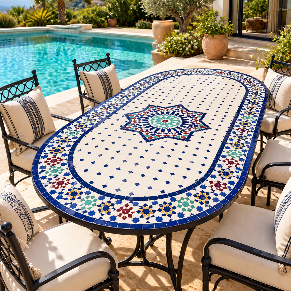 Moroccan Oval Mosaic Table – Handmade Traditional Zellige Art