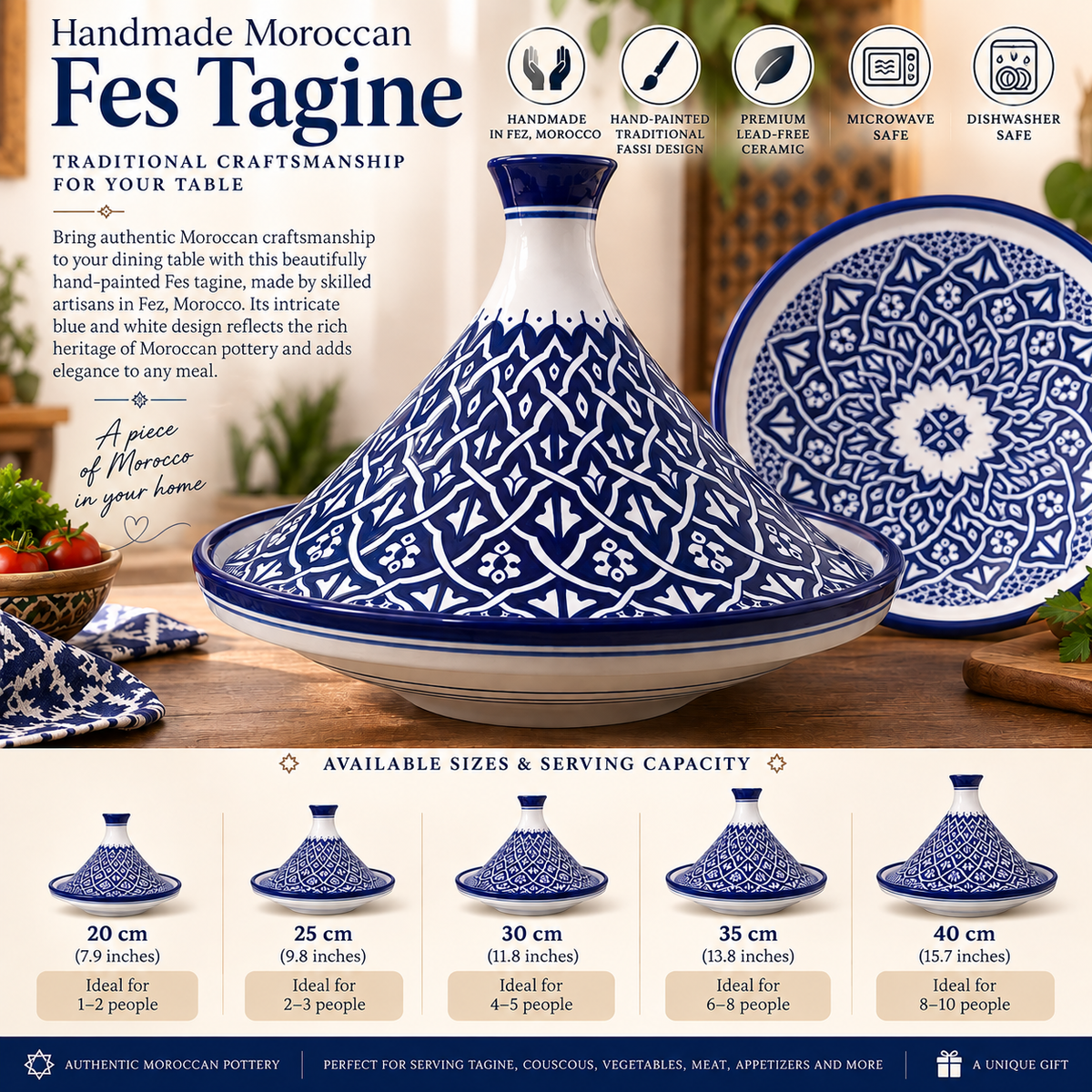 Handmade Moroccan Fes Tagine – Blue & White Hand-Painted Ceramic Serving Tagine