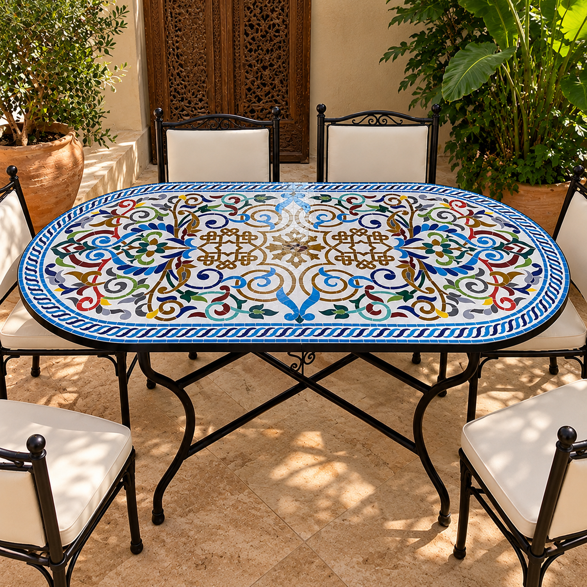 Handmade Moroccan Mosaic Table – Colorful Fes Ceramic Tile Table, Traditional Arabesque Design