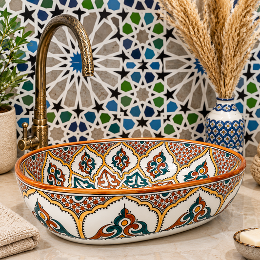 Moroccan Oval Sink with Brass Rim – Teal and Gold Bathroom Basin – Colorful Ceramic Vessel Sink – Artisan Bathroom Decor