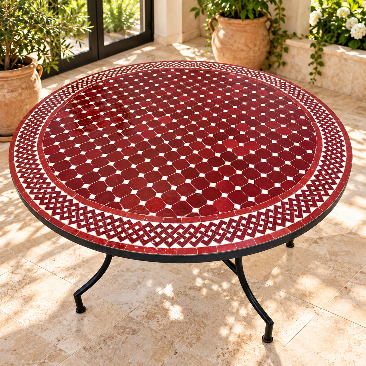 Handmade Moroccan Mosaic Table – Burgundy Red & White Zellige Table