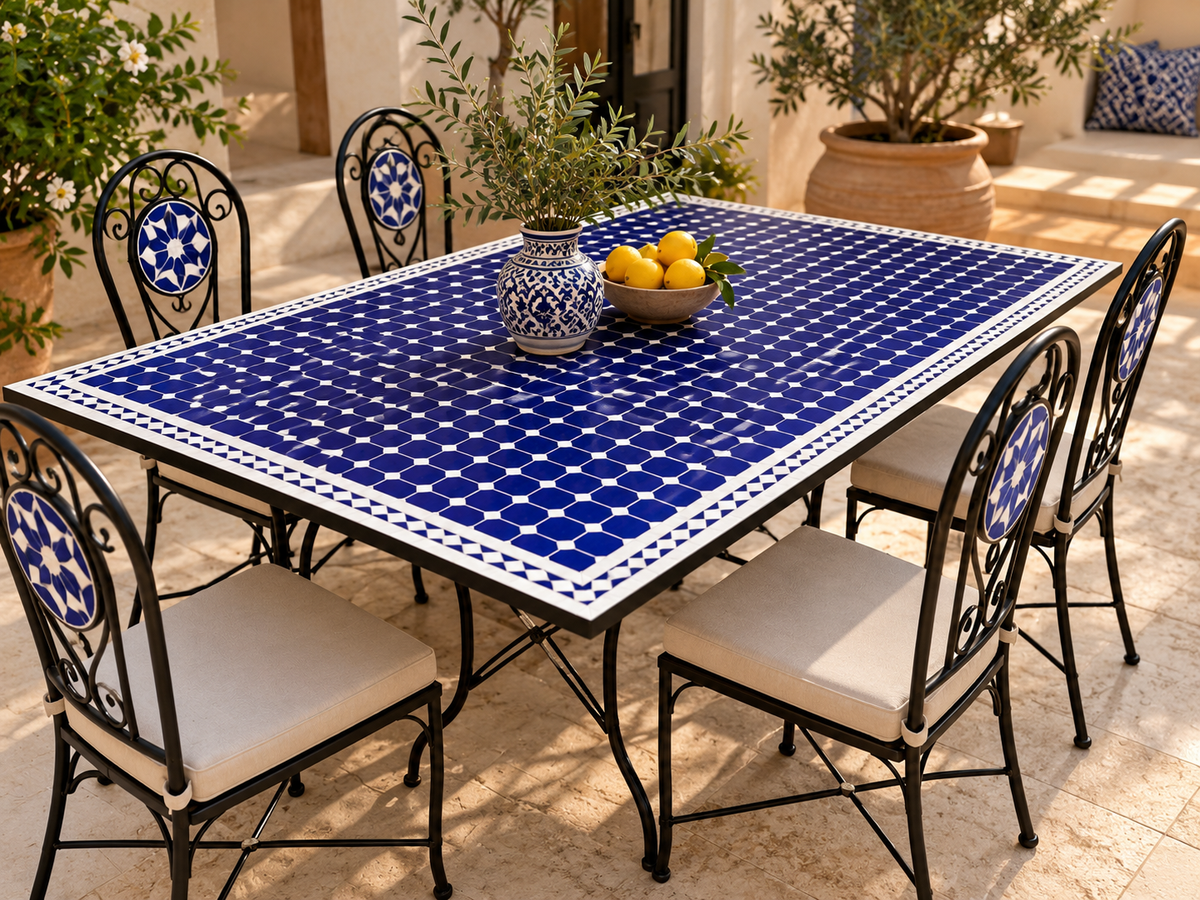 Moroccan Blue and White Zellige Mosaic Outdoor Dining Table – Handmade Fes Pottery