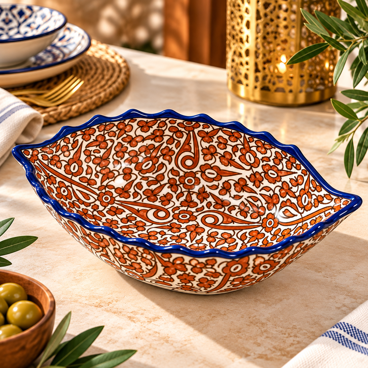 Handmade Moroccan Fes Ceramic Serving Bowl – Brown Floral Design